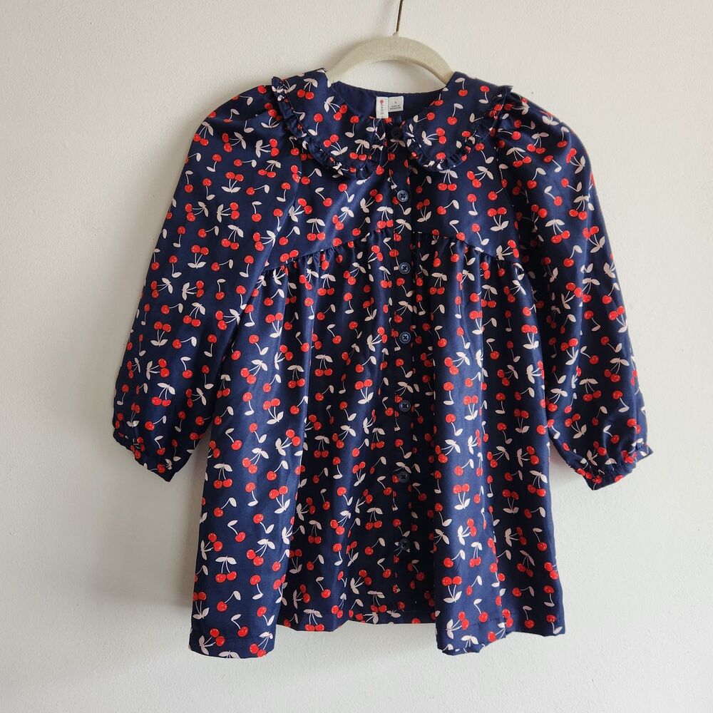 Janie and Jack Navy Cherry Print Long Sleeve Ruffle Collar Dress 5T Button Down